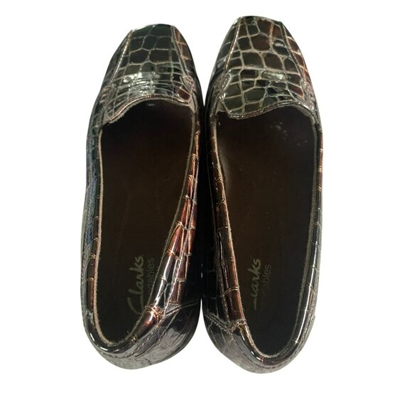 Clarks Bendables Womens 7W 7 Wide Brown Croc Embossed Slip-On Loafers - Picture 2 of 5
